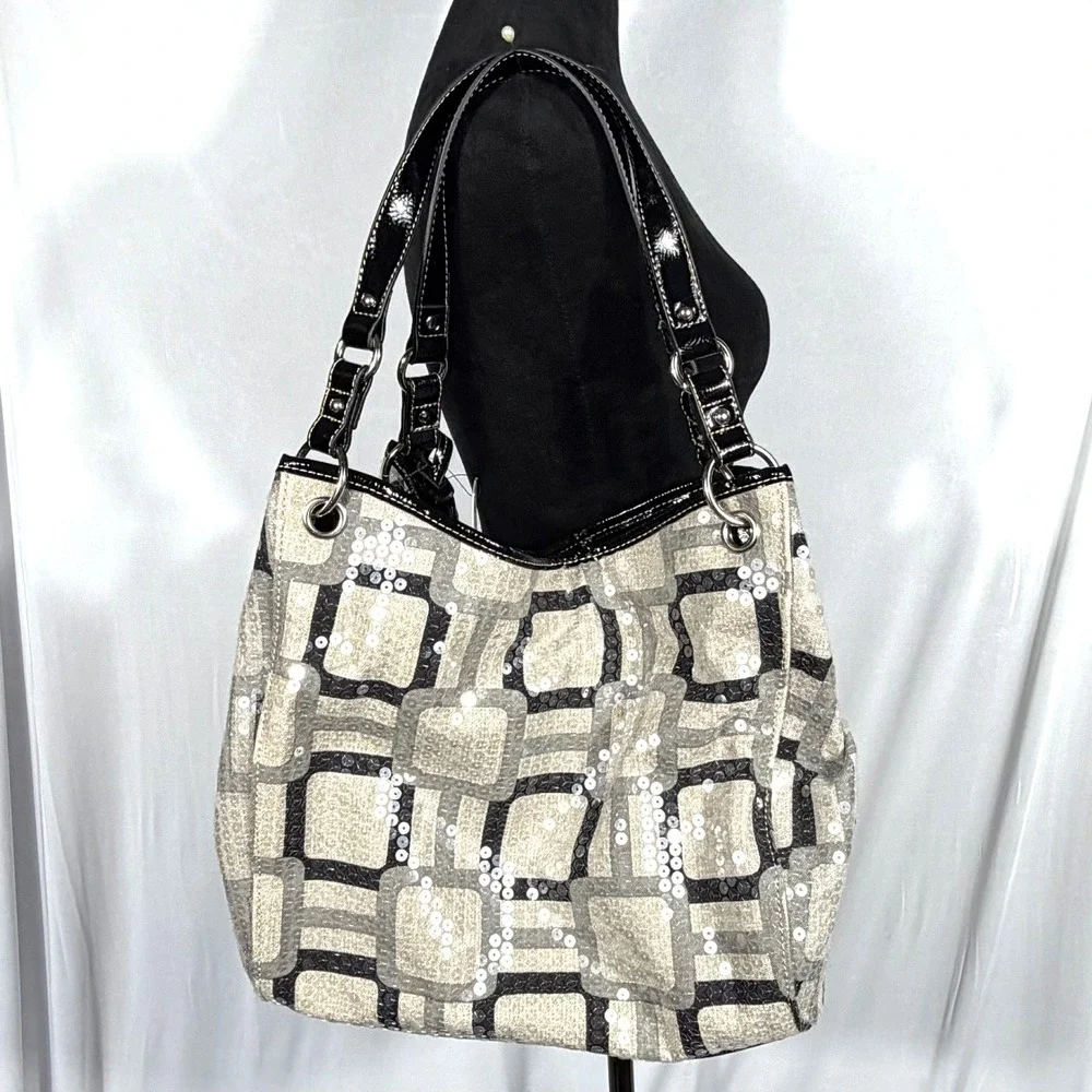 NWT Nine West Vegas Photo Sequin Tote Shoulder Hobo Bag Purse Gray Blk Vtg Y2K